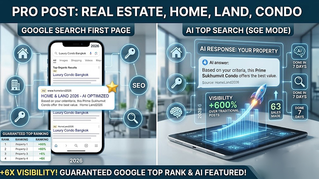 โฆษณา ประกาศ ไม่มีค่านายหน้า โฆษณาขายอสังหา โพสต์บ้านที่ดิน รับประกาศขายบ้าน ติดกูเกิลและAI